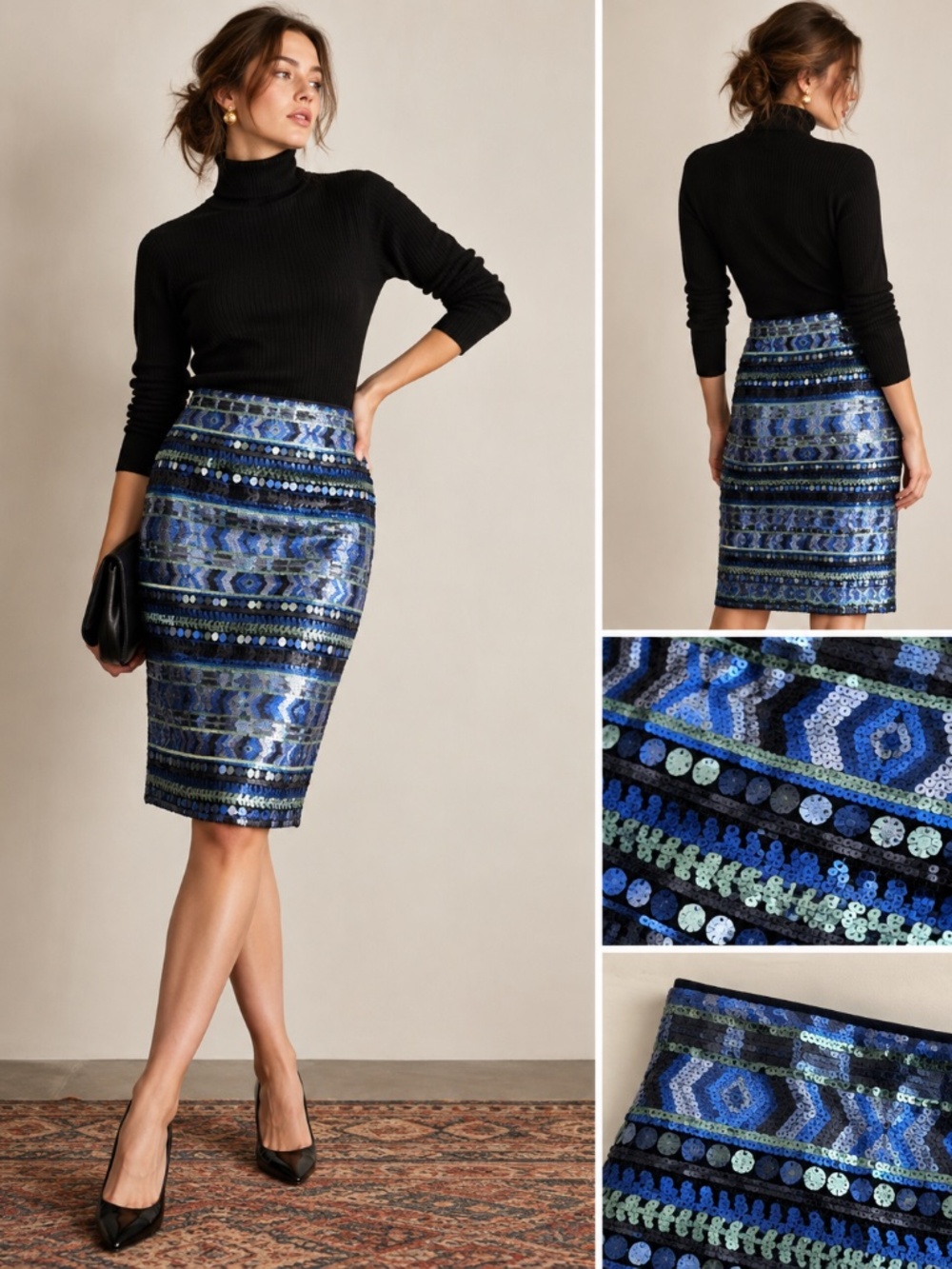 Sequin Pencil Skirt Size 6 Blue Green Geometric Knee Length Riani